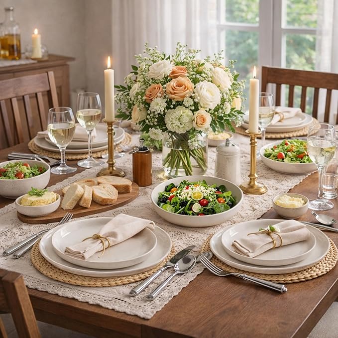 AmorArc Ceramic Dinnerware Sets with Pasta Bowls for 4, Handpainted Plates and Bowls Set with Rustic Terracotta Underside, Scratch Resistant Dishes Set, Dishwasher & Microwave Safe, 16 Pcs