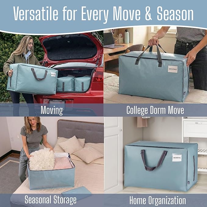 VENO 4 Pack Extra Large Heavy Duty Moving Bags with Wide Opening & Reinforced Handles, Reusable Storage Tote Bags with Strong Zippers for Clothes, College Dorm Essentials & Moving Supplies