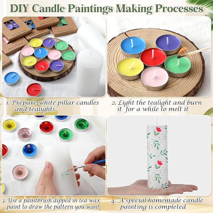 MTLEE 84 Pcs DIY Candle Painting Kit Include 12 White Pillar Candles 60 Colored Tealight 12 Paint Brushes for DIY Crafts Birthday Wedding Party Centerpiece(2"x4", 2"x6", 2"x8")