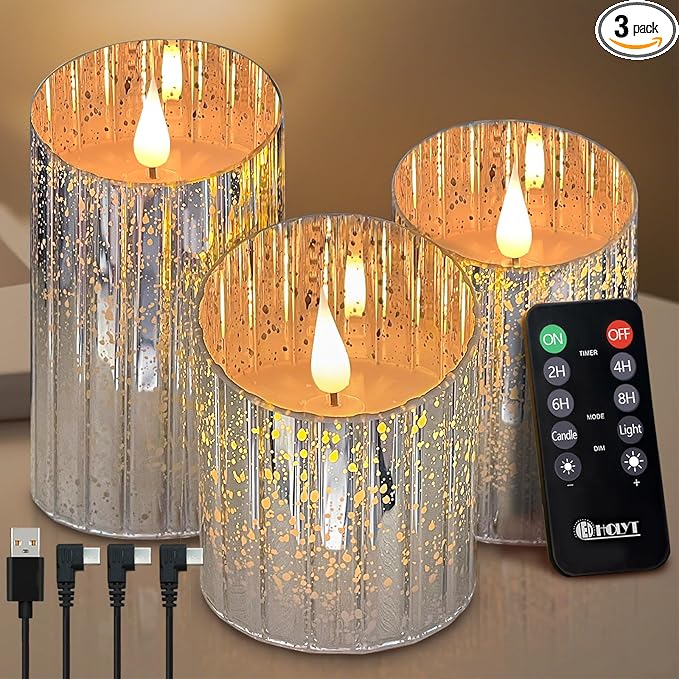 Rechargeable Flameless Candle, Flickering LED Pillar Glass Fake Candle with Remote and Timer, Built-in Battery Real Wax Electronic Candle for Room Decoration, Set of 3
