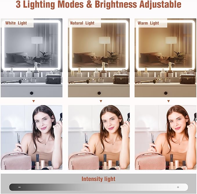 YIKEHOME Small Makeup Vanity Desk Set with Mirror, 39'' Vanity Table 3-Colour Lights with 5 Drawers & Shelves for Bedroom Dressing Room Brown
