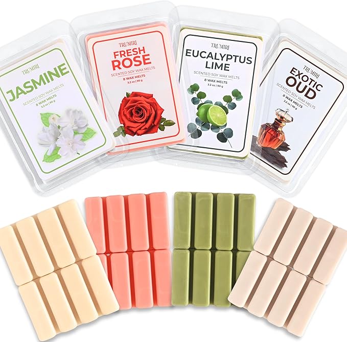 TRUMIRI Scented Wax Melts Variety Pack Exotic Oud|Fresh Rose|Eucalyptus Lime|Jasmine - Made with Non Toxic Soy Wax and Essential Oils - Long Lasting Strong Scent Pet Safe Candle Wax Cubes for Warmers