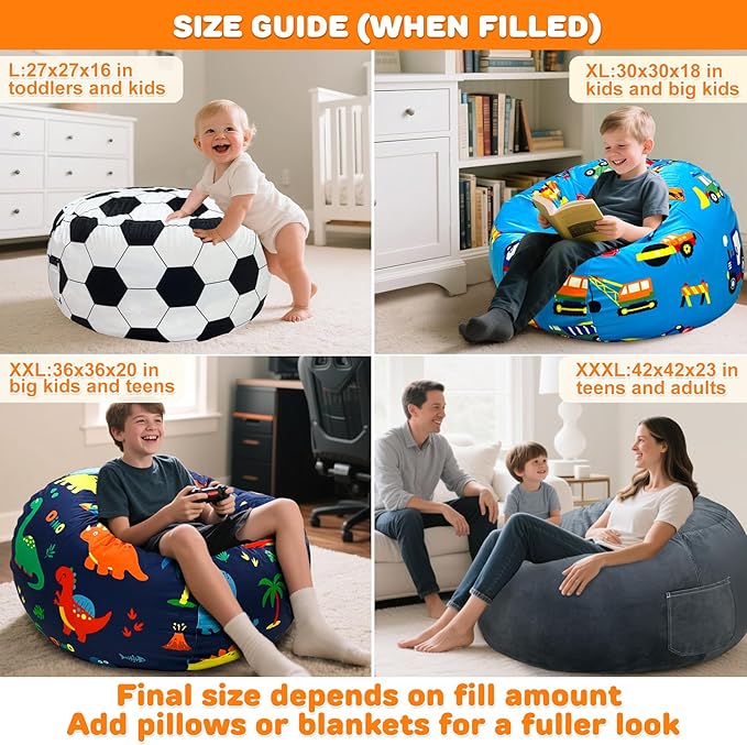 Lukeight Construction Stuffed Animals Storage Bean Bag Chair Cover Only (Ships Empty, No Filling) - Velvet YKK Zipper Beanbag Cover for Toddlers Kids, Washable Plush Toy Organizer, Large 27" D x 16" H