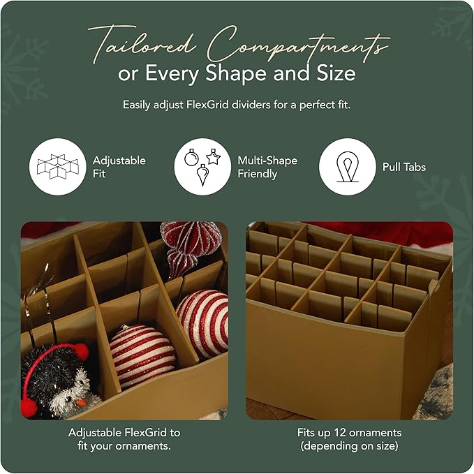 Covermates Keepsakes Adjustable Ornament Storage Bag – Heavy-Duty Polyester, Padded Dividers & FlexGrid Trays – Protective Holiday Ornament Organizer with Handles & Label Window, Red Snowflake