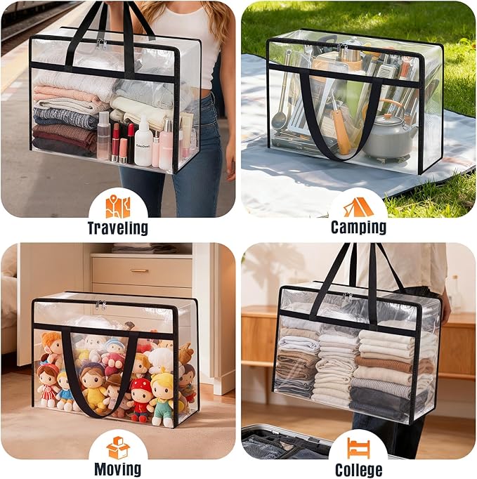 Clear Under Bed Storage Containers - 8 Pack Large Capacity Clothes Storage Bags with Lid & Sturdy Handles, Foldable Moving Bags, Clothing Organizer Totes for Bedding, Comforter, Sheet（60 L）