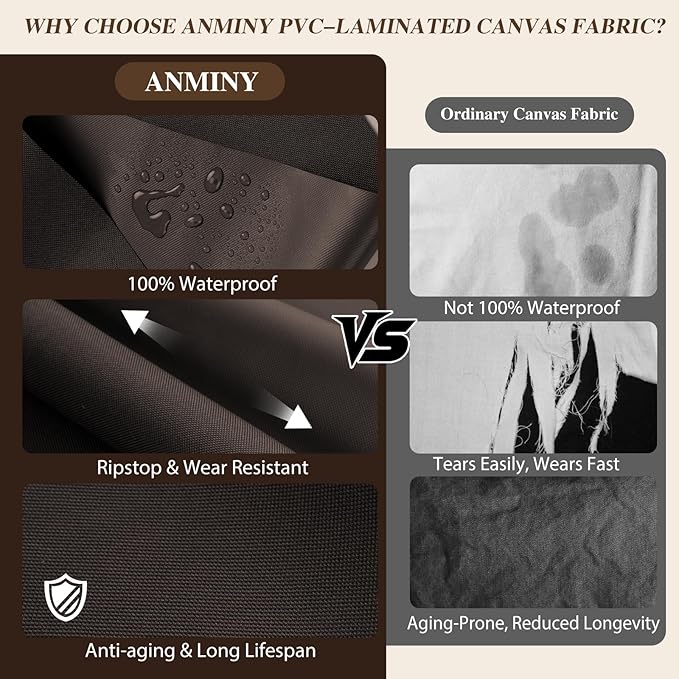 ANMINY 100% Waterproof Outdoor Fabric 10 Yards, 58" W 600D Marine Canvas Fabric with PVC Backing, Ripstop Upholstery Material by The Yard for Furniture Boat Covers Tent Awning, Dark Brown