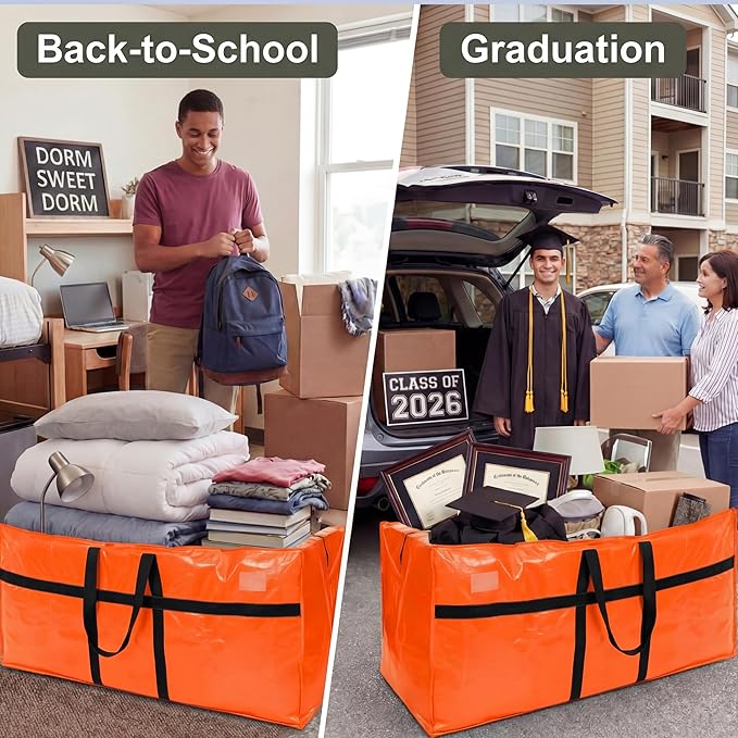 4 Pcs 66 Gallon Extra Large Moving Bags Heavy Duty Storage Bag with Strong Zipper Handle Foldable XXL Jumbo Storage Tote Packing Moving Box for College Dorm Travel Cloth Duffle (Orange)