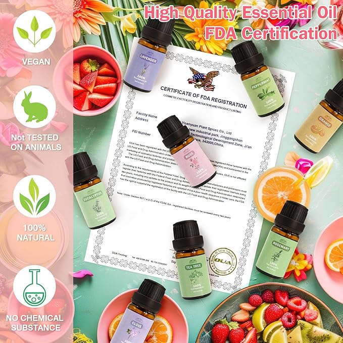 8 Pcs 100% Pure Floral Essential Oils Set for Diffuser, Home Care, Candle, Soap, Clean, Perfume, Laundry - Peppermint, Lavender, Rose, Clove - Organic Aromatherapy for Women and Mom Gift 10ml Each