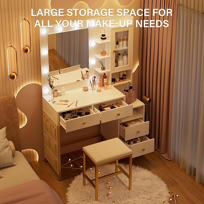 YIKEHOME 42'' Makeup Vanity Desk Set with Mirror, Vanity Table 3-Colour Lights with 5 Drawers & Shelves for Bedroom Dressing Room White (Bright White & Gold)