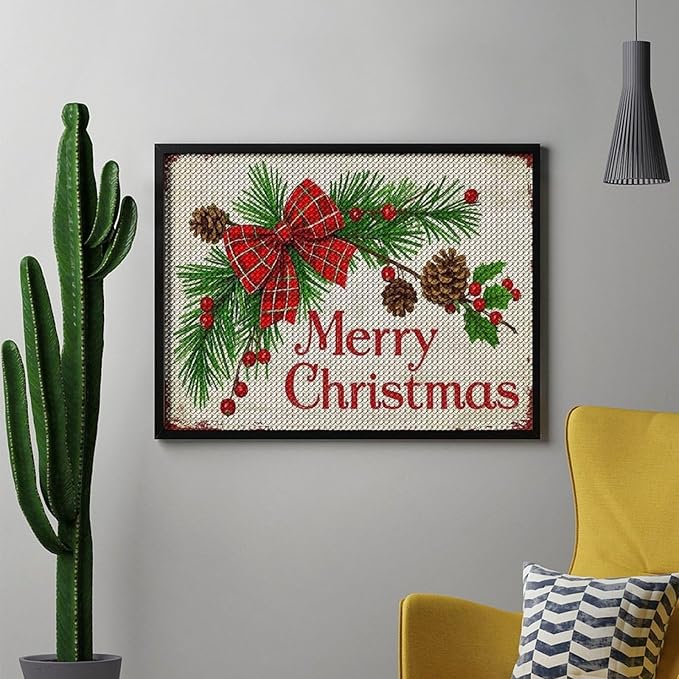 AIVKIEJK Diamond Painting Kits for Adults - Merry Christmas Holly, Pine Cones & Red Plaid Bow Painting DIY 5D Full Drill Diamond Dots Paintings with Diamonds Gem Art and Crafts Home Decor 12"x16"