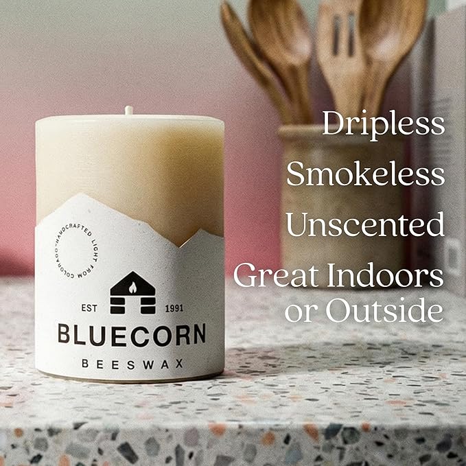 Bluecorn Beeswax Pillar Candle, 100% Pure Natural Bees Wax, Ivory White 3x3 Candle, Clean Burning & Dripless, Long Lasting (50 Hrs), Paraffin, Soy & Fragrance Free, Home Decor, American Made, 1 Count