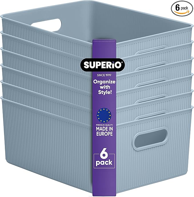 Superio Ribbed Collection - Decorative Plastic Basket Open Home Storage Bins Organizer, Large Blue (6 Pack) Container Boxes for Organizing Closet Storage Bins for Shelves 15 Liter/16 Quart
