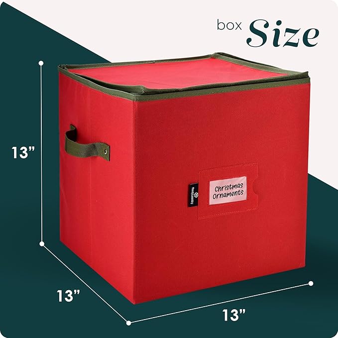 Handy Laundry Christmas Ornament Storage - Stores upto 64 Holiday Ornaments, Adjustable Dividers, Zippered Top, Two Handles. Storage Box Keeps Holiday Decorations Clean and Dry for Next Season. (Red)