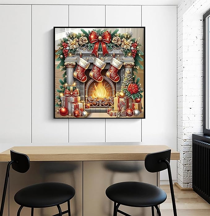 APTDYIGL 5D Christmas Diamond Painting Kits for Adults Beginner,DIY Christmas Fireplace Diamond Art Kits for Adults,Round Full Drill Diamond Dots with Gem Art Kits,Home Wall Decor 13.7X13.7inch