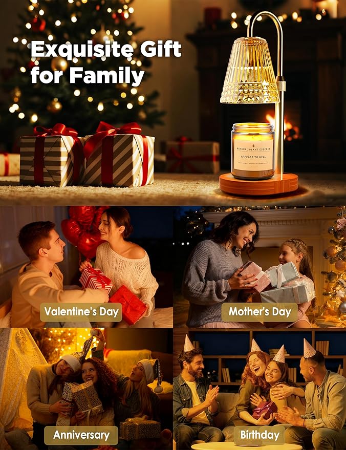 TATAANTY Candle Warmer Lamp with Timer, Wood Base Home Decor Candle Warmers, 4 Lights and 3 Timers. Table Lamp Birthday Gift for Women, Suitable for Bedroom, Offices, and Living Rooms