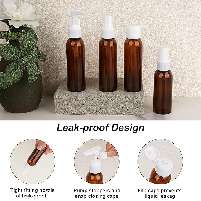 Cosywell Travel Size Bottles for Toiletries 14 Pack 2oz TSA Approved Toiletry Bottles Leak Proof Travel Kit for Women Men TSA Clear Toiletry Bag Shampoo Lotion Skincare Cosmetic Container(Brown)