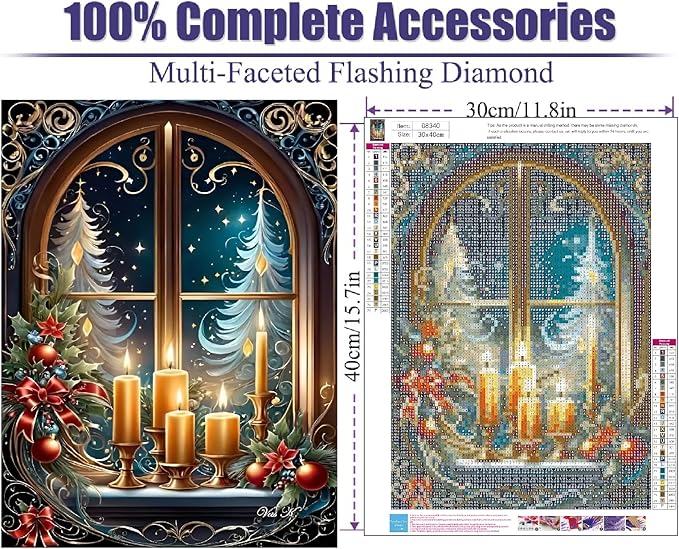mjcakrn Christmas Diamond Art Kits for Adults, Christmas Candles Diamond Painting Kits for Adults Beginners, 5D DIY Full Drill Round Rhinestone Gem Art Crafts Paintings for Home Wall Decor 12x16 inch