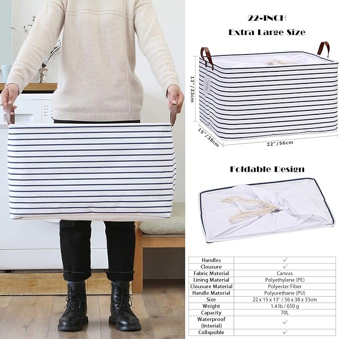 Hinwo 70L Extra Large Storage Bins, Closet Organizers and Storage, Foldable Clothes Storage Baskets with Handles, Containers for Clothing, Blanket, Comforters, Toys, Bedding (Gold Stripe)