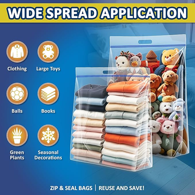25 Gallon Extra Large Resealable Storage Bags with Zipper Top，35" x 24" Heavy Duty Clear Bags with Handles, 4 Mil Thick, Perfect for Clothing, Pillows, Travel, and Moving (3 Packs)