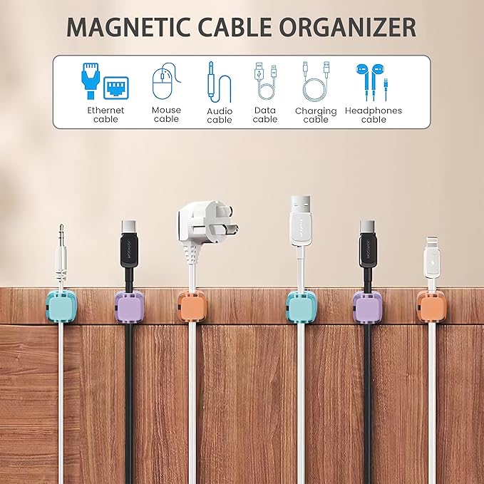 6 Pack Magnetic Cord Organizer & Cable Clips - Adjustable Under Desk Cable Management, Adhesive Wire Holder for Home, Office, Phone, Car, Wall, and Nightstand (White)