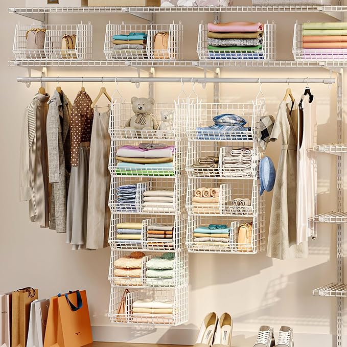 Jautokerdar 6 Tier Extra Large Hanging Closet Organizer, Closet Storage Hanging with Dividers, Wire Closet Shelf with 5 S Hooks 4 Dividers,Sweater Handbag Hat Accessory Storage Hanger,White