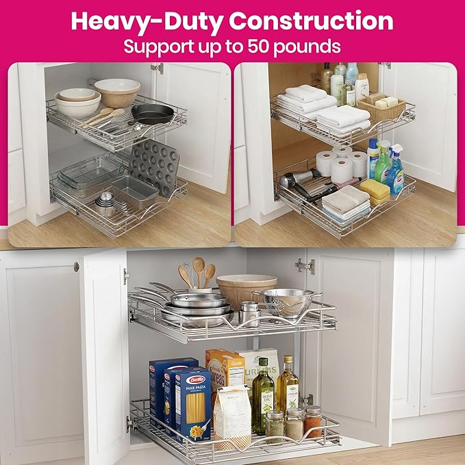2-Tier Pull-Out Cabinet Organizer with Heavy-Duty Steel Frame, Full-Extension Sliding Shelves, Holds 100 lbs, Easy Install for Kitchen, Pantry & Under Sink Cabinets, 14" W x 21”D x 16.5" H