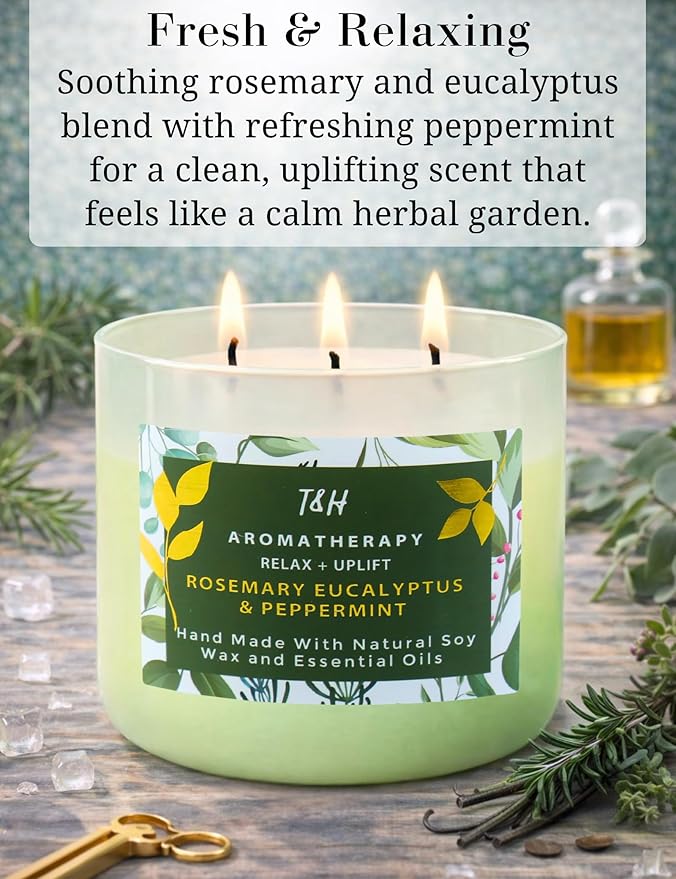 Rosemary Eucalyptus Peppermint 3 Wick Candle for Home Scented | 15.8 oz Large Soy Candle | Spa Aromatherapy Candles for Home Stress Relief | Clean Burn | Gift for Women & Men