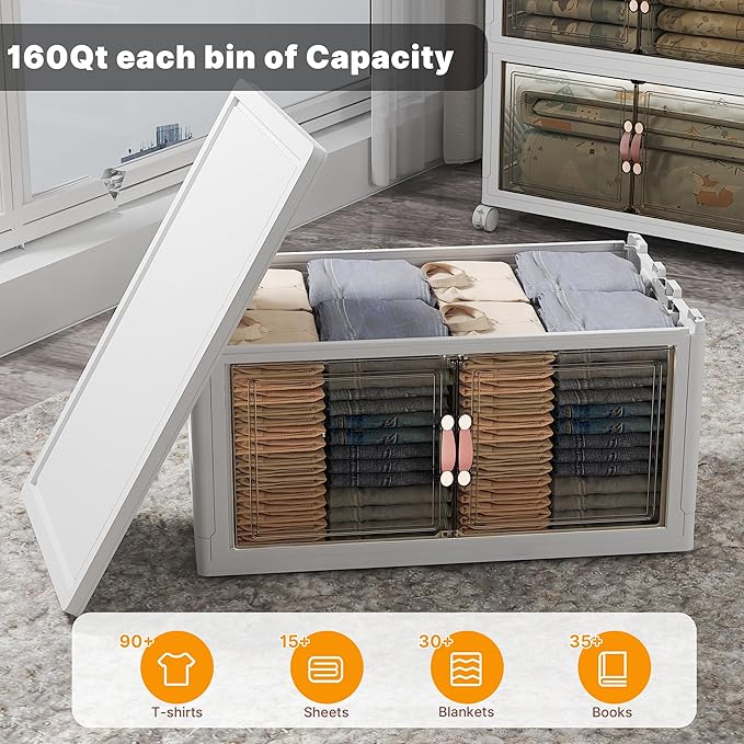 UAMFURI Stackable Storage Bins with Lids & Wheels & Door, Foldable Collapsible Closet Organizers, Extra Large Plastic Storage Drawers for Bedroom Dorm Office Garage (White-160QT, 1Pack with 1 top lid)