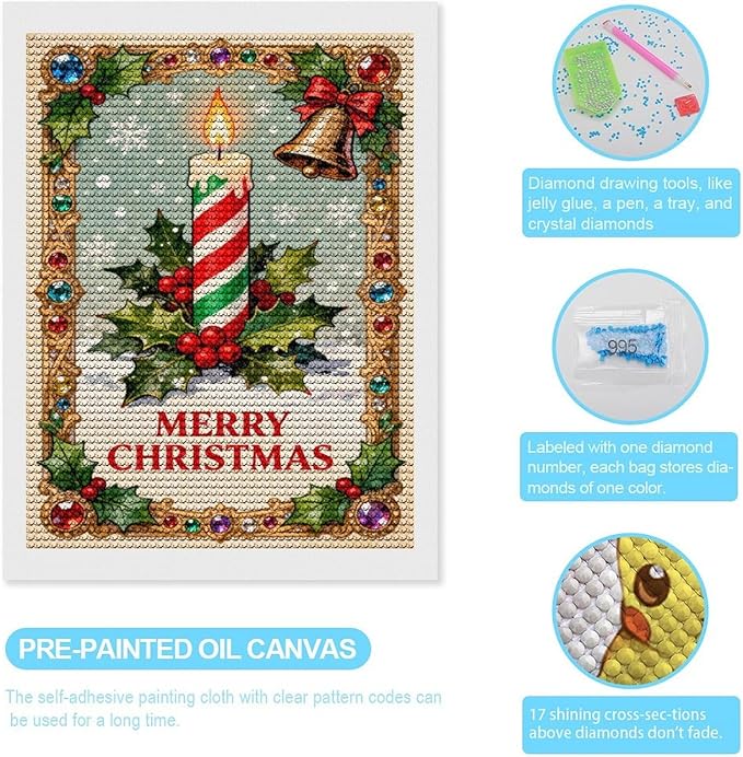 AIVKIEJK Diamond Painting Kits for Adults - Merry Christmas Candle & Holly Accents Painting DIY 5D Full Drill Diamond Dots Paintings with Diamonds Gem Art and Crafts Home Decor 12"x16"
