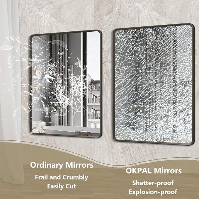 OKPAL 44X36 Inch Black Bathroom Mirror for Wall, Bathroom Vanity Mirror, Matte Black Frame Rectangle Mirror, Round Corner, Rustproof, Tempered Glass (Horizontal/Vertical)
