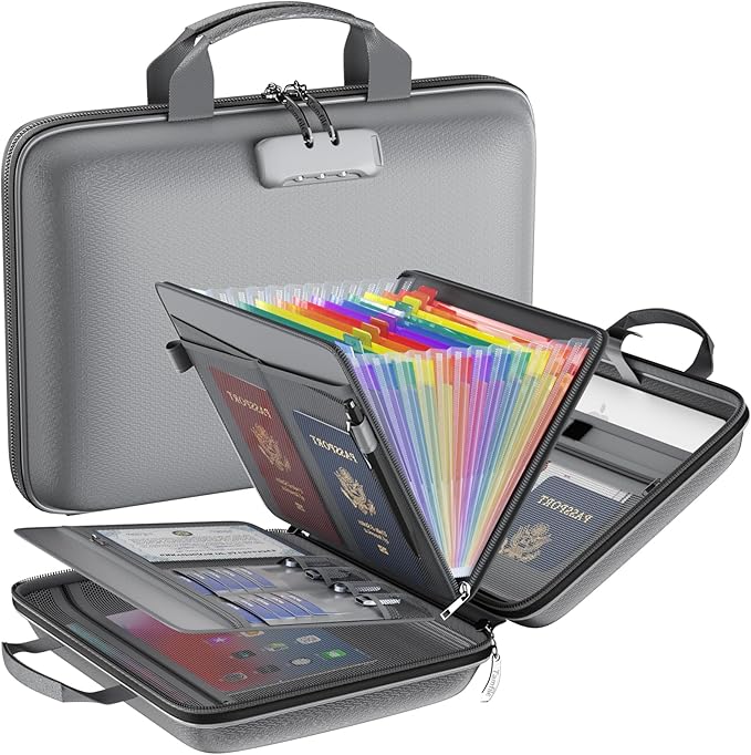 Fireproof File Organizer with Lock, Hard Case Fireproof Document Box with 13 Colorful Pockets Accordion File Folder, Important Document Organizer for Letter A4 Files Laptop Passports (Grey)