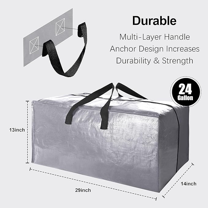 VELVETSURE Heavy Duty Extra Large Moving Bags W/Backpack Straps - Strong Handles & Zippers, Storage Totes For Space Saving, Fold Flat, Alternative to Moving Box and Storage Bin (Set of 6, Silver)