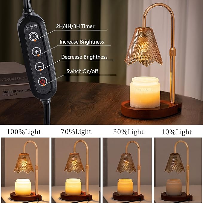 Candle Warmer Lamp with Timer Dimmable,Glass lampshade and Water-Drop-Shaped Wooden Base,Height Adjustable Candle Warmer with 2 Bulbs,Gifts for Women Mom,House Warming Gifts New Home Bedroom Decor