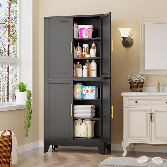 75" H Tall Kitchen Pantry Cabinet, Pantry Storage with Doors and 3 Adjustable Shelves, Metal Storage, Cupboard for Kitchen, Black