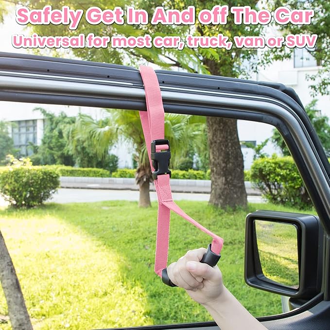 E-cowlboy Auto Cane Grab Aid - Adjustable Standing Aid Safety Handle Portable Vehicle Support Grab Bar Nylon Grip Mobility Assist Device (Pink 2 Pack)