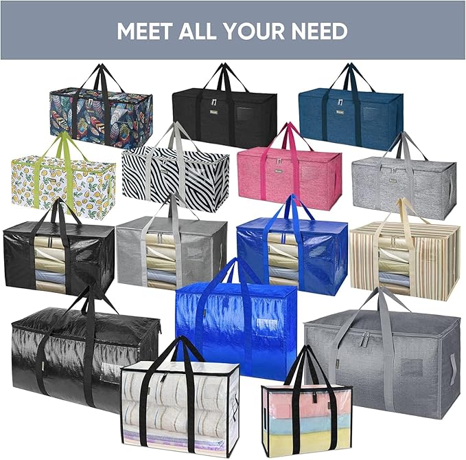 TICONN 4 Pack Extra Large Moving Bags with Zippers & Carrying Handles, Heavy-Duty Storage Tote Moving Boxes for Space Saving (4 PK, 60 Gallon)