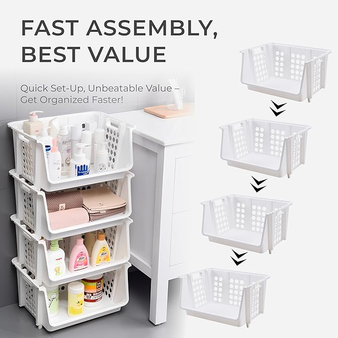 Skywin TidyFriend Medium Stackable Storage Bins for Pantry - 4 Pack, Stackable Bins For Organizing Food, Kitchen, and Bathroom Essentials (White)
