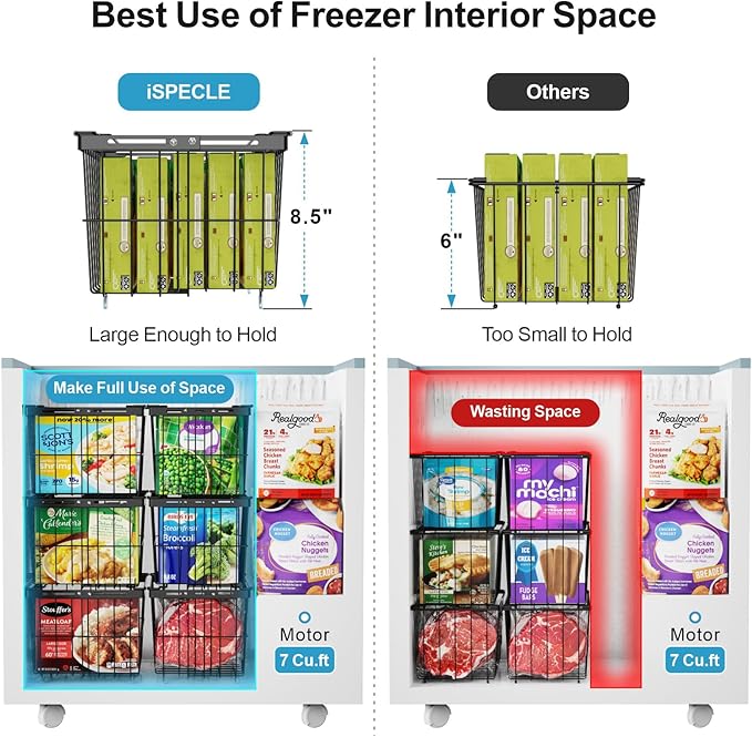 iSPECLE Freezer Organizer Bins - 3 Pack Adjustable Width for 5 to 7 Cu.Ft Chest Freezers, Stackable Freezer Wire Storage Baskets for Deep Freezer Organization, Assembly Required, Black