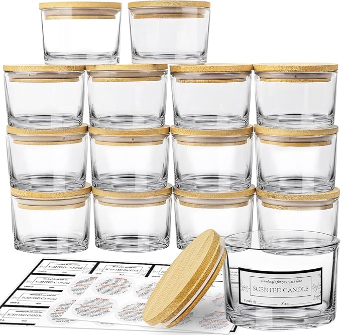 CONNOO 15 Pack 4 OZ Clear Glass Candle Jars with Airtight Bamboo Lids for Making Candles, Bulk Small Wide Mouth Empty Candle Containers with Sticky Warning Labels - Dishwasher Safe