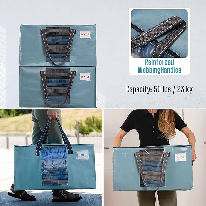 VENO 8 Pack Heavy Duty Moving Bags, Clothes and Comforter Storage Bags with Clear Window, College Dorm Essentials Packing Supplies, Foldable Boxes Alternative (Shiny Light Blue, 8 Pack)