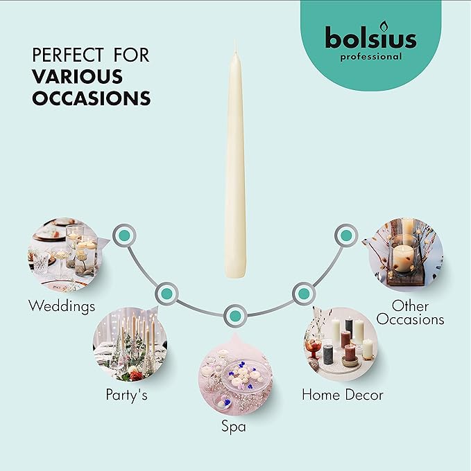 BOLSIUS Ivory Taper Candles - 3 Packs = Total 90 Candles - 8 Hours - Premium European Quality - Consistent Smokeless Flame - Unscented Dripless Candlesticks