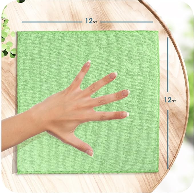 Hearth & Harbor 12 Pack Microfiber Washcloths, Green, 12"x12", Lint Free, Scratch Free, Reusable