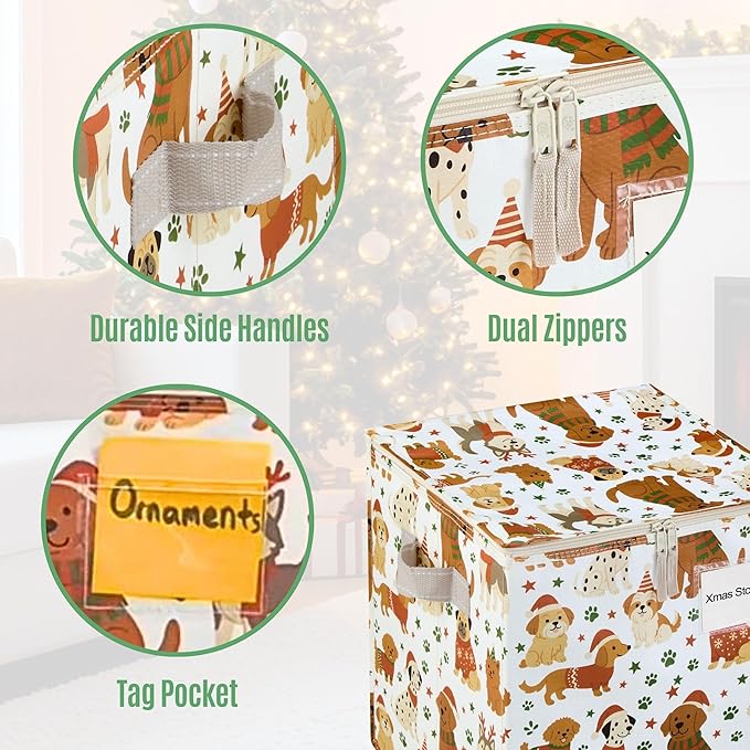 VENO 4 Pack Christmas Ornament Storage Box, Stores up to 64 Holiday Ornaments, Adjustable Dividers, Zippered Top, Storage bins with lids for holiday decorations-3 Inch Cube Compartments (Holiday Pups)