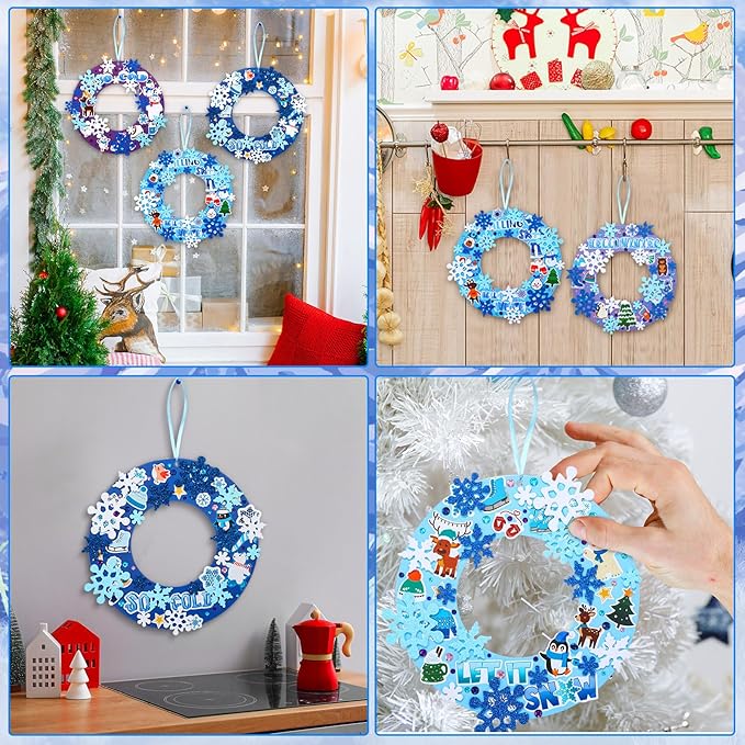 Hollowfly 48 Sets Winter Wreath Craft Kits DIY Snowflake Wreath Hanging Ornaments Make Your Own Paper Craft with Stickers for Winter Xmas Home Party Favors Activities