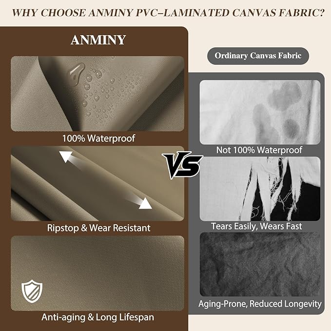 ANMINY 100% Waterproof Outdoor Fabric 10 Yards, 58" W 600D Marine Canvas Fabric with PVC Backing, Ripstop Upholstery Material by The Yard for Furniture Boat Covers Tent Awning, Khaki