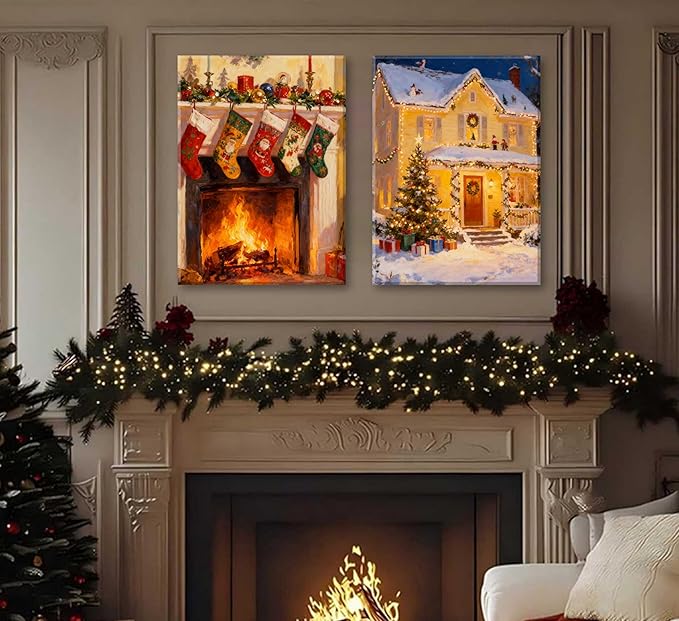 Paint by Number Kit for Adults & Kids, 2 Pack Christmas Scenes 16x20 Inch Framed, DIY Acrylic Painting Kit with Brushes & Paints, Festive Home Art Decor
