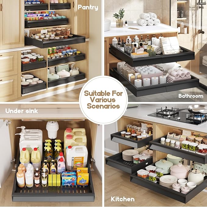 4 Pack Pull Out Cabinet Organizer With Raising Pad for Framed Cabinets,Expandable Width (13"-21") and Depth (17"-24"),3 Slide Rails Slide Out Drawers with Handle,No-Drill Roll Out Shelf,Black