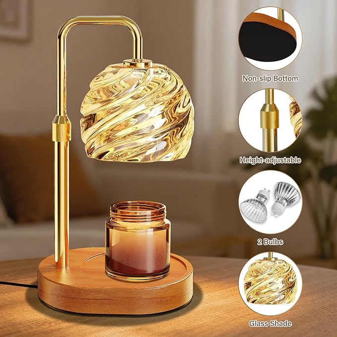 WarmEmbrace Candle Warmer Lamp with Timer for Jar Candles - Dimmable, Height and Brightness Adjustable Electric Wax Warmer Gold, 2 Bulbs Included, House Warming Gift & Vintage Home Decor