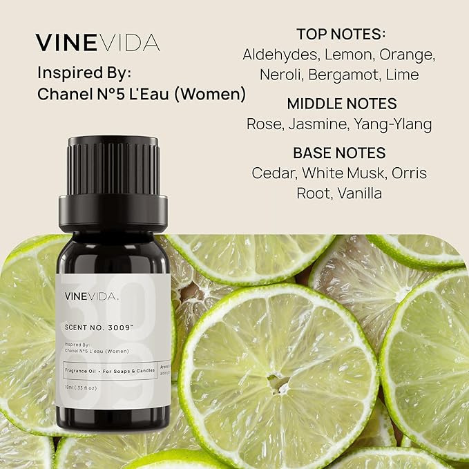 VINEVIDA Scent NO. 3009 Fragrance Oil - 10mL - Inspired by: N°5 L'Eau (Women); Candle Fragrance Oil for Soy Candles - Soap Making Scents