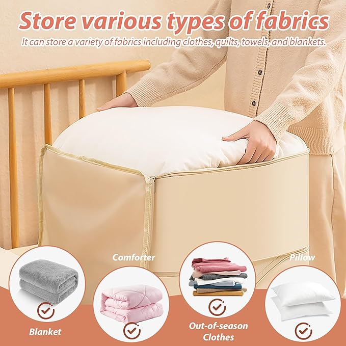 Veki Comforter Storage Bag, Space Saving Self Compression Foldable Blanket Storage Bags, Closet Organizer With Handle and VisualiZation Window, Large capacity 130L for Bedding, Clothes (Apricot XL)